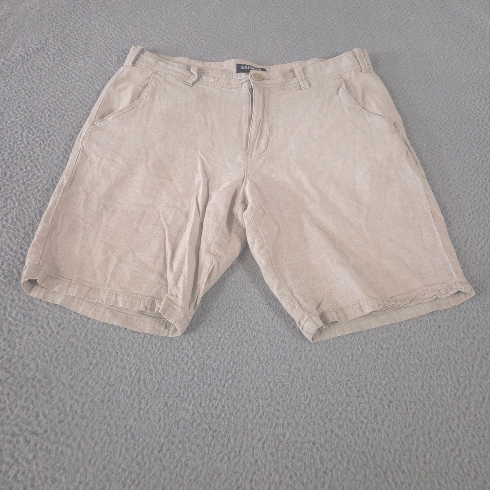 Express Shorts Mens 33 Tan Linen Cotton Blend Flat Front Straight Leg Khaki